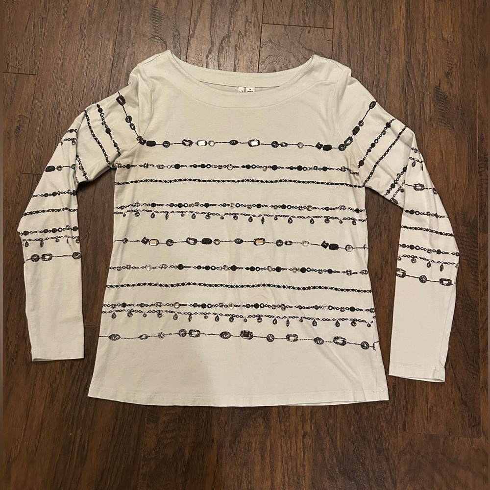 Elle Gray Chain Striped Rhinestone Long Sleeve Scoop Neck T Shirt Size Medium